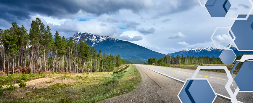 photo of road leading to snow-capped mountains, representing rural BC