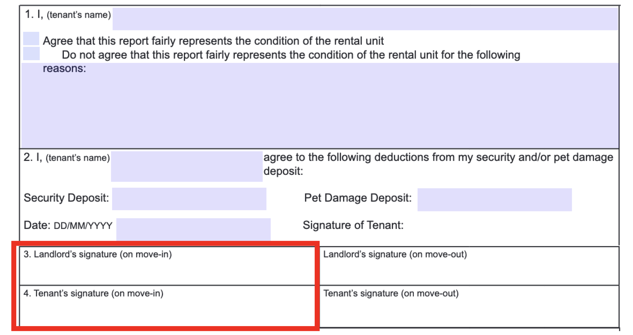 Screenshot showing section 1 on page 6 of the condition inspection report, with boxes 3 and 4 highlighted