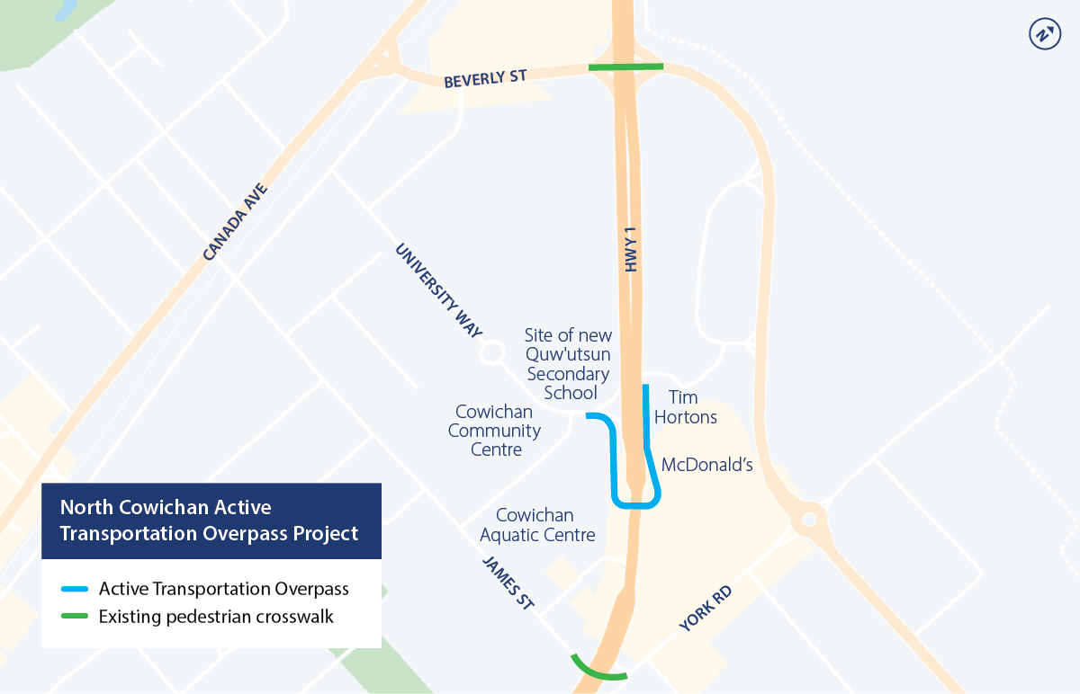 Map of the project showing existing cross-walks at James Street and Beverly Street crossing Highway 1 and the location of the new overpass