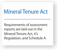 Requirements of assessment reports are laid out in the Mineral Tenure Act, its Regulation, and Schedule A