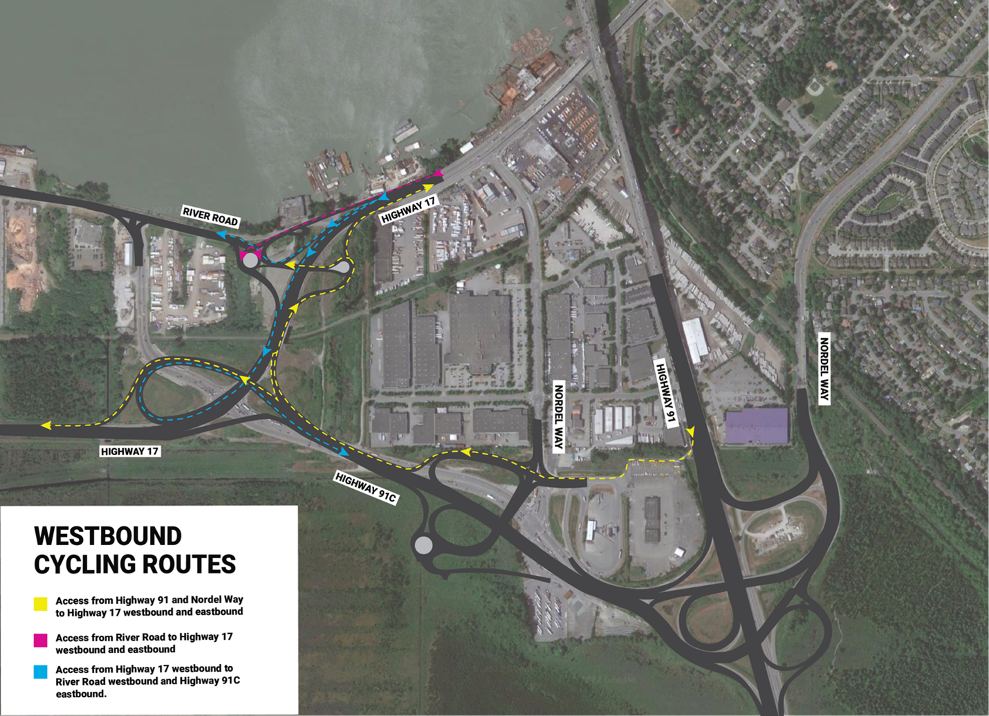 MAP A: Westbound cycling routes between Nordel Way and Highway 17. 