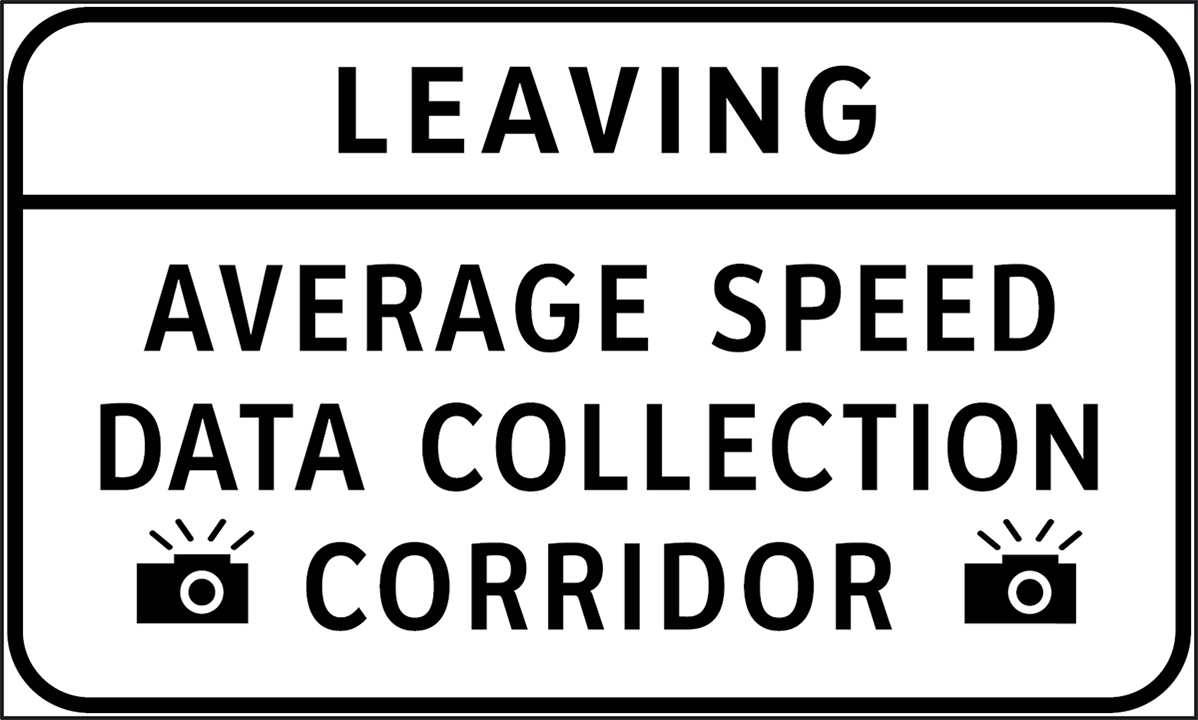 Highway sign with text showing Leaving average speed data collection corridor with symbols of cameras