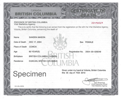 Example of a certificate of death issued by Vital Statistics