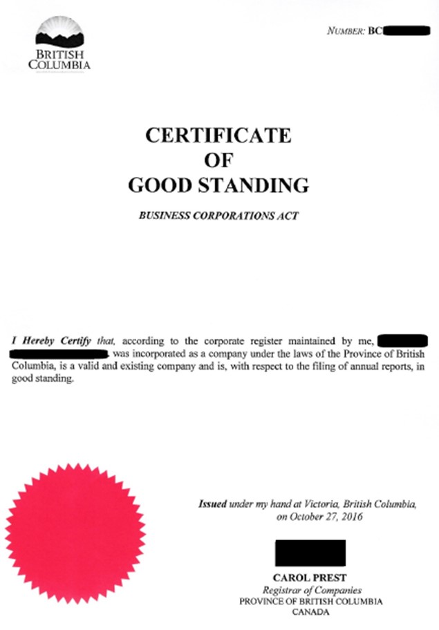 Sample image of certificate of good standing issued by BC Registries and Online Services