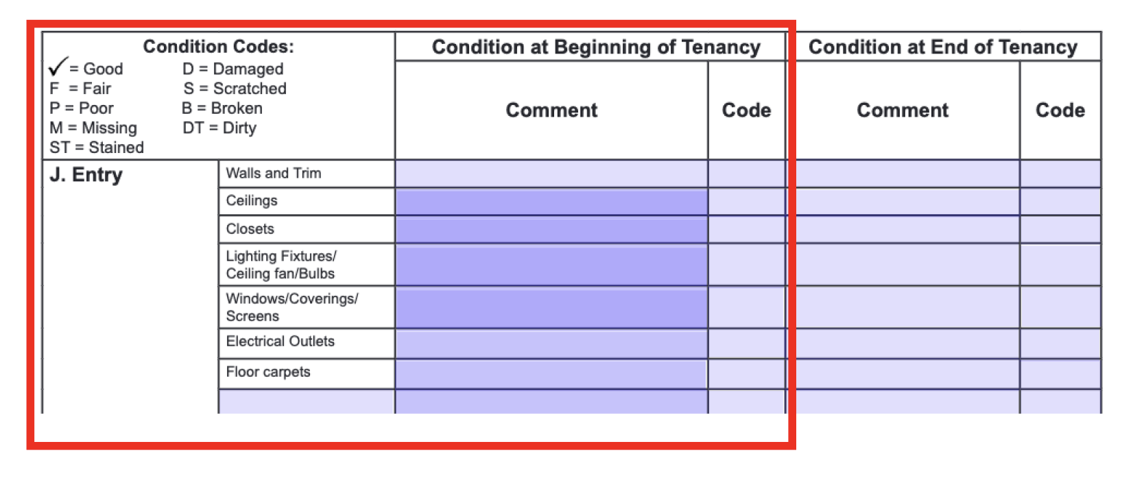 Screenshot of the "condition at beginning of tenancy" section of the condition inspection form