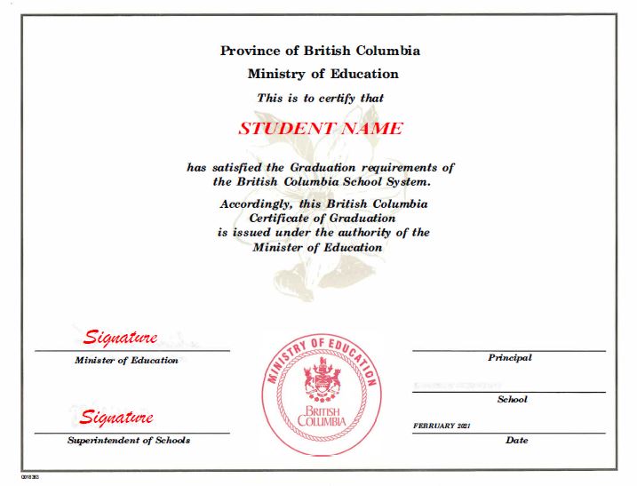 Sample image of certificate of graduation issued by a BC public education institution