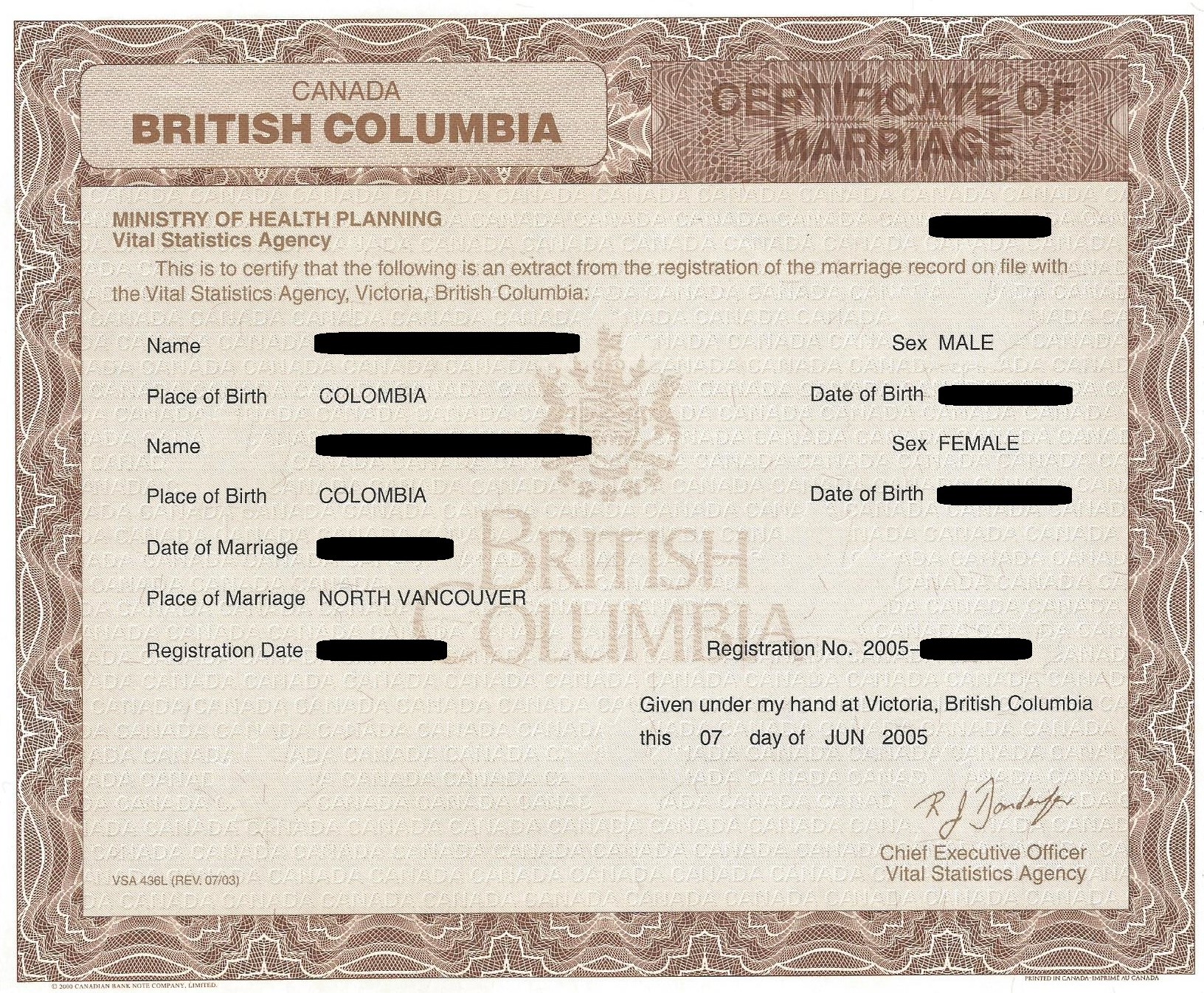 Example of a British Columbia marriage certificate issued by Vital Statistics