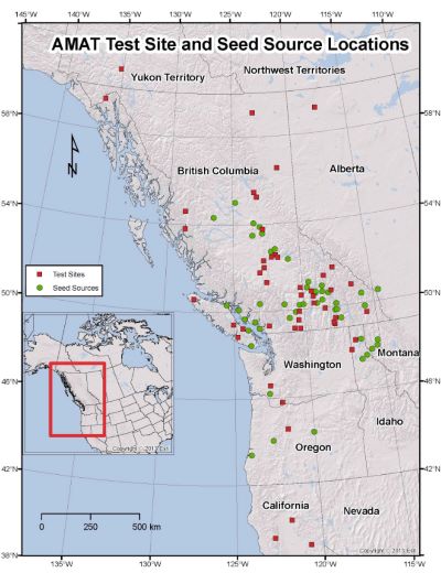 Assisted Migration Adaptation Trial from 2013 showing test sites and seed sources.