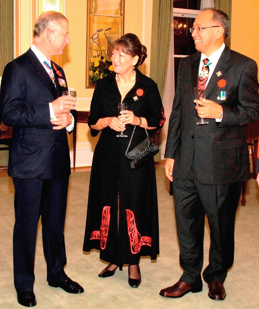 Prince Charles chats with Lieutenant Governor Steven Point and his wife, Gwen at Government House in Victoria