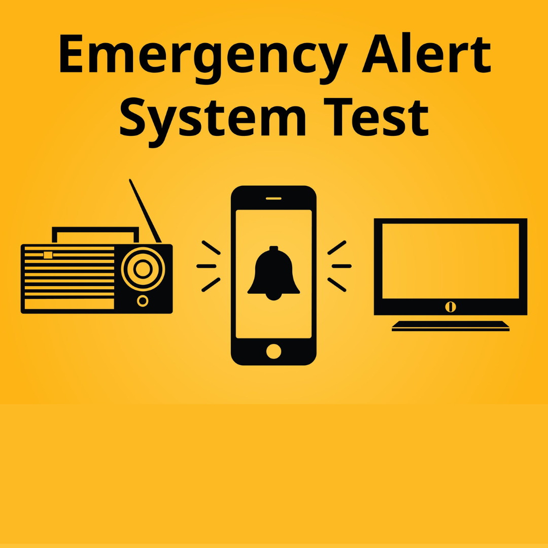 Images of a radio, cell phone and computer that reads: Emergency Alert System Test.