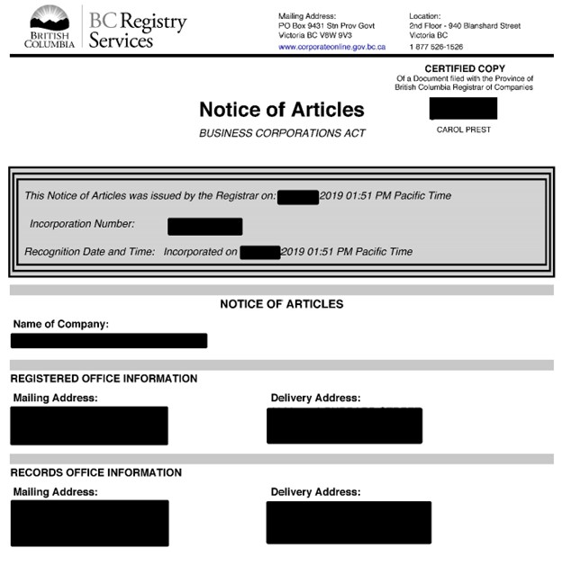 Sample image of notice of articles certified true copy page one issued by BC Registries and Online Services