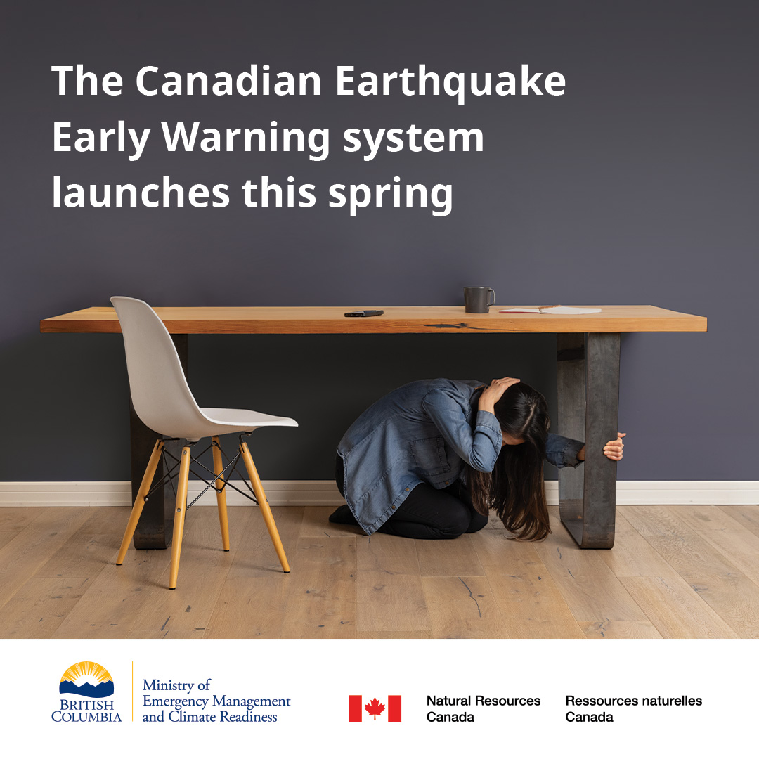A picture of someone hiding under a table, and a text from Canada Early Earthquake Warning system