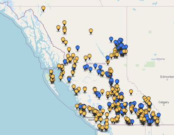Screenshot of a map of the current and completed connectivity projects in B.C.