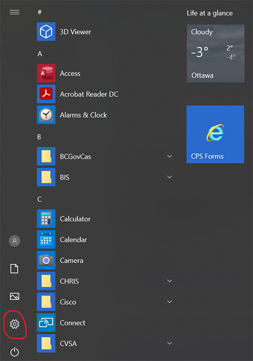 Select the Settings button in the Start Menu