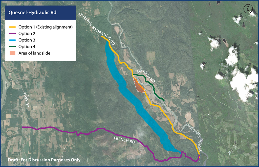 Quesnel-Hydraulic Road Map Presents 4 options for moving the road for discussion and the area of the landslide