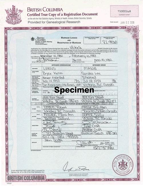 Sample image of a British Columbia certified true copy document issued by Vital Statistics