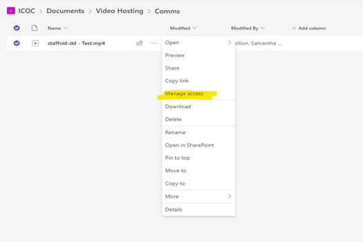 Screen shot of menu options for sharing files in teams