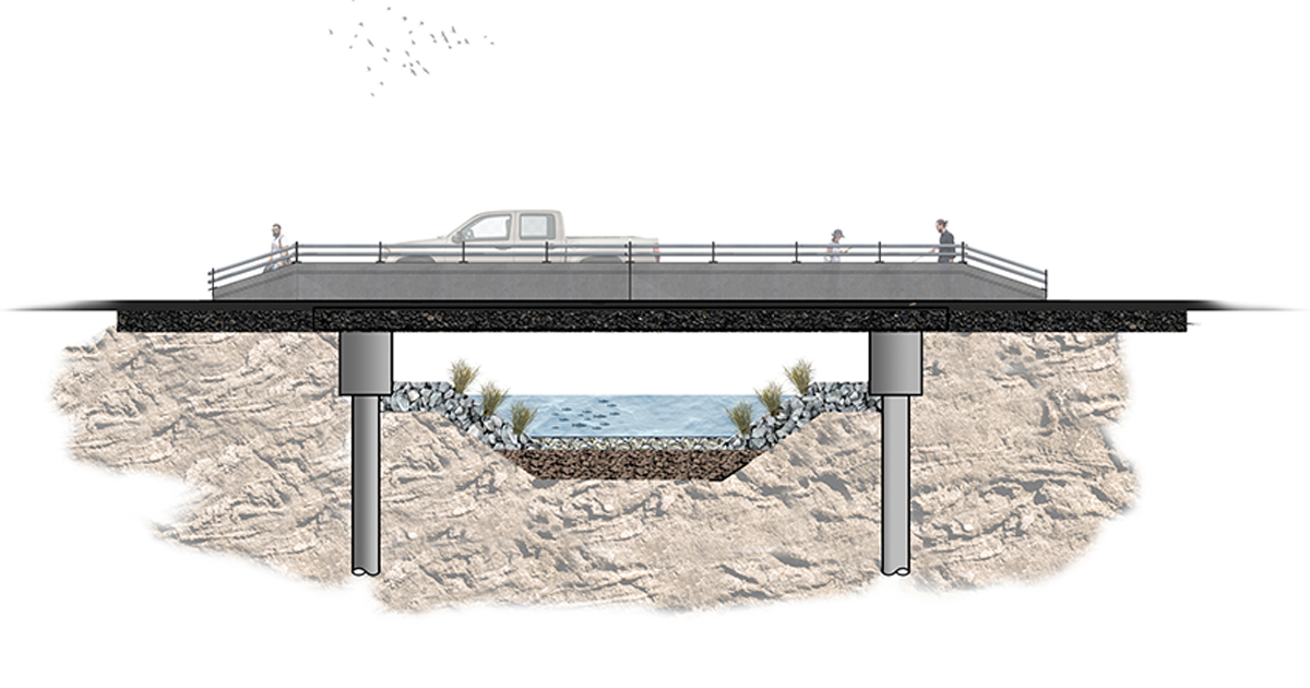 Drawing of the Cache Creek Crossing showing truck and pedestrians using crossing that has a creek running beneath.
