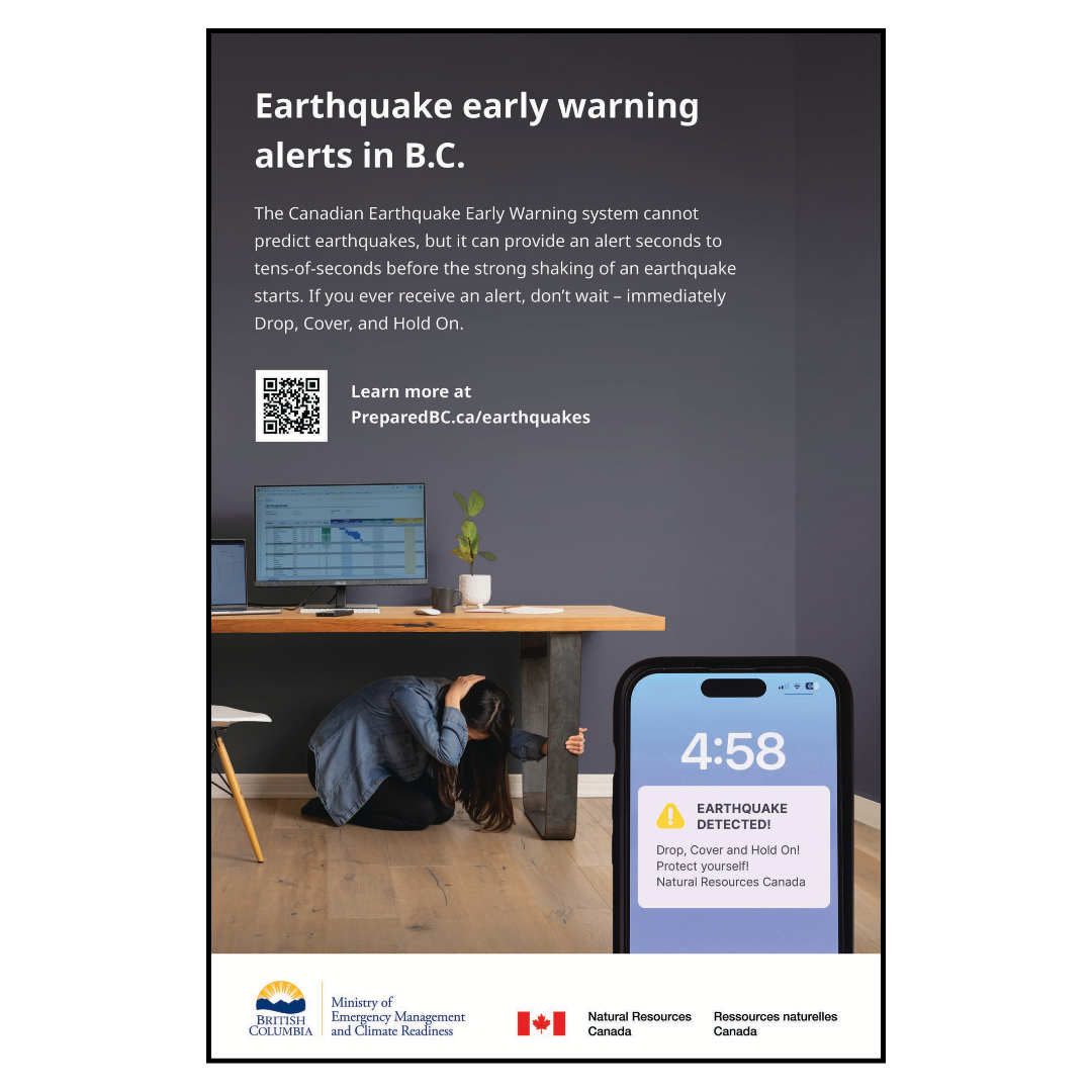 Canadian Early Earthquake warning system poster thumbnail. A person under a table, showing a text warning