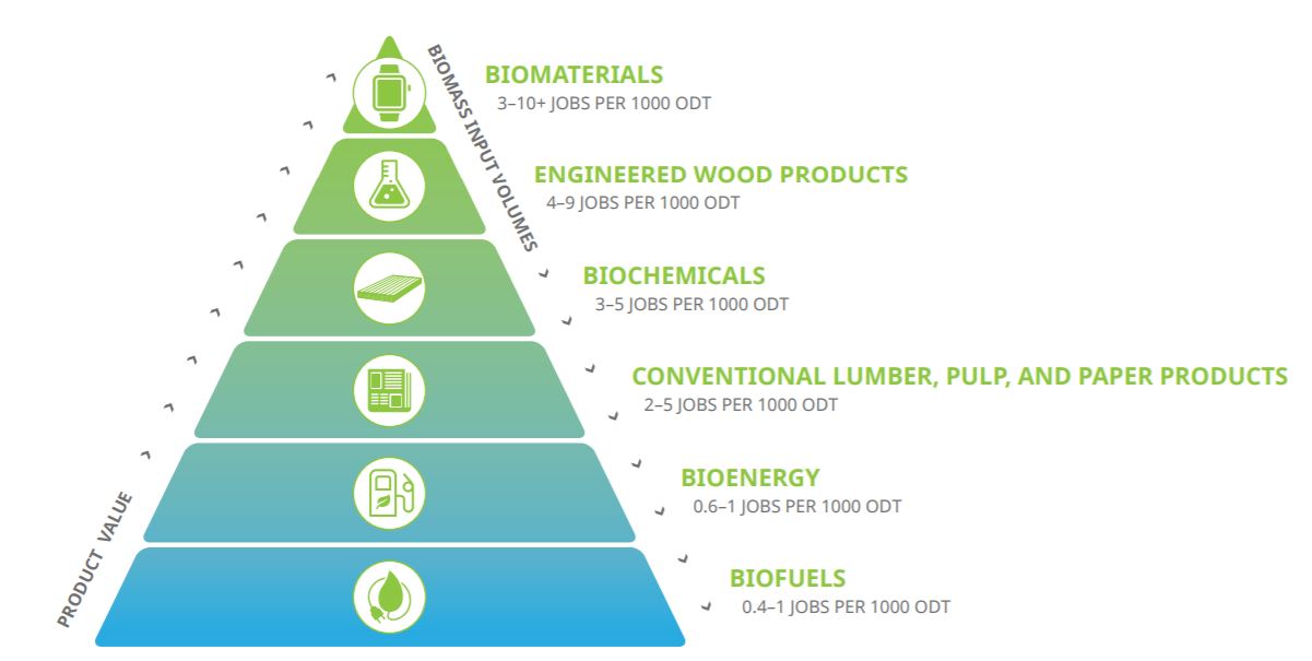 A value pyramid indicating how many jobs are created per 1000 O.D.T. of biomass feedstock. Biofuels are at the bottom of the pyramid, followed by bioenergy, conventional lumber, biochemicals, engineered wood products, with biomaterials at the top of the pyramid.