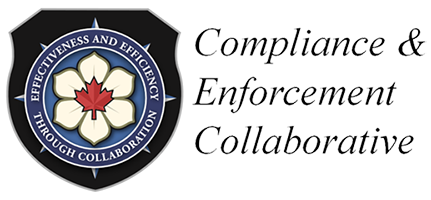 Compliance & Enforcement Collaborative crest.  The ‘Effectiveness and Efficiency Through Collaboration’ moto encircles a dogwood shaped flower with a red maple leaf at its’ centre.