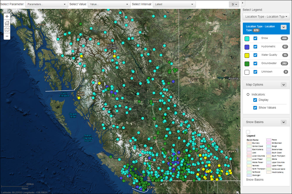 Screenshot of the Real-time Water Data tool map interface
