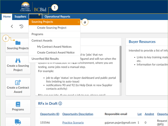 Select Sourcing Projects link and explore the sourcing Projects table