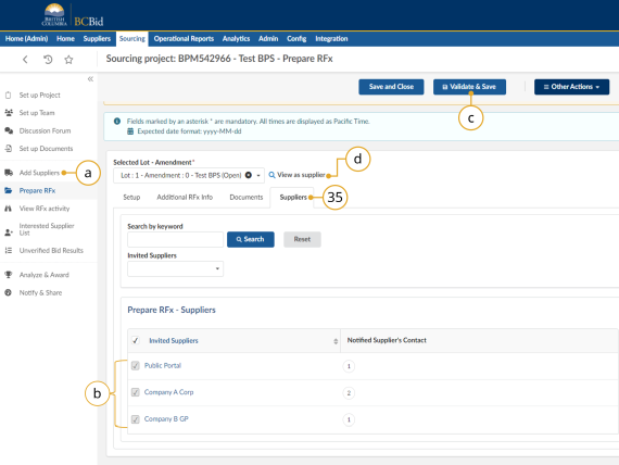 BPS Supplier Subtab at Prepare RFx Tab