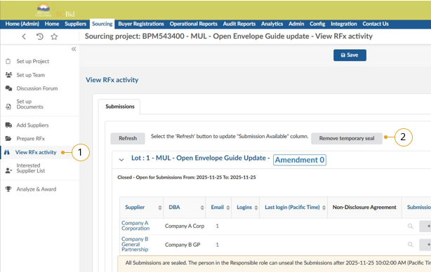Remove temporary seal button
