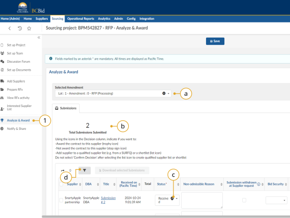 BC Bid Analyze and Award Tab