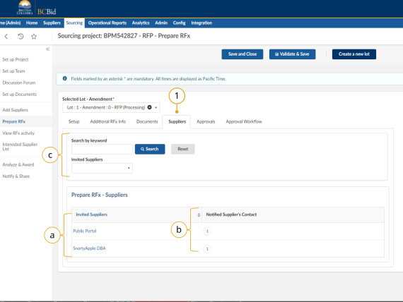 Supplier subtab at Prepare RFx tab