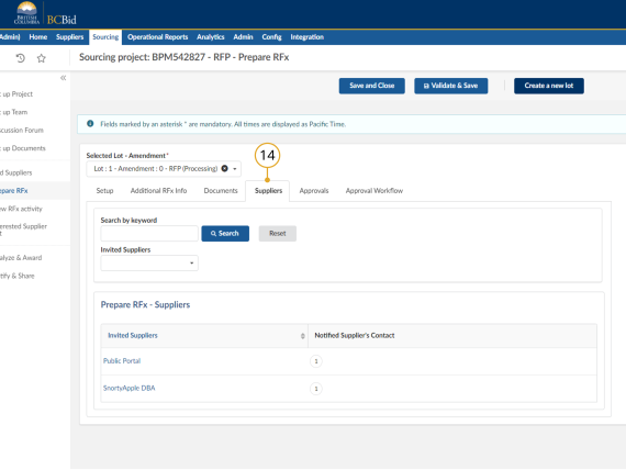 BC Bid Supplier Subtab at Prepare RFx Tab
