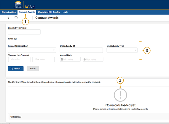 No records returned wording at contract award page