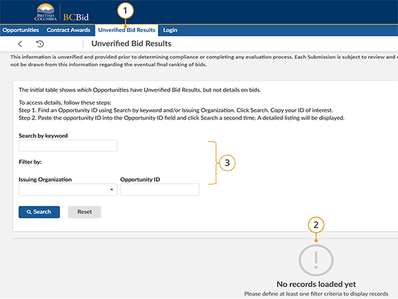 unverified bid results no records displayed error message