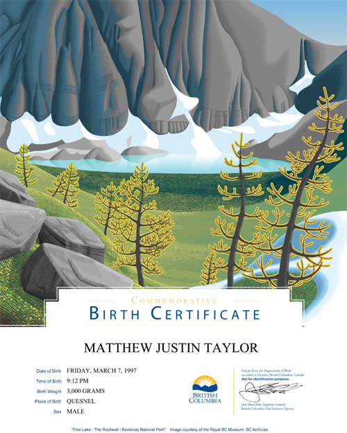 Commemorative Birth Certificates Province of British Columbia