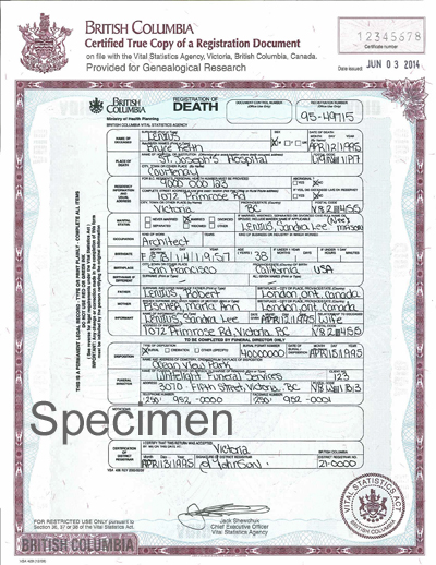 Genealogy Certified Copies Of A Death Registration Province Of British Columbia