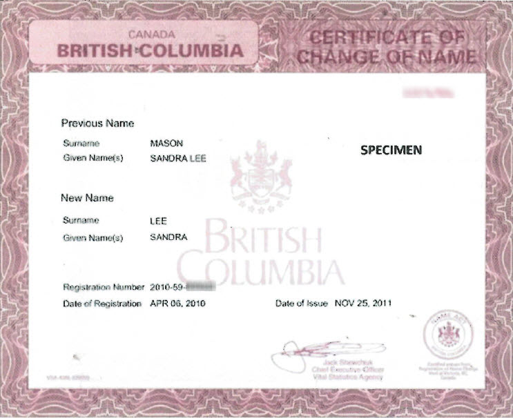 Certificate of Change of Name Province of British Columbia