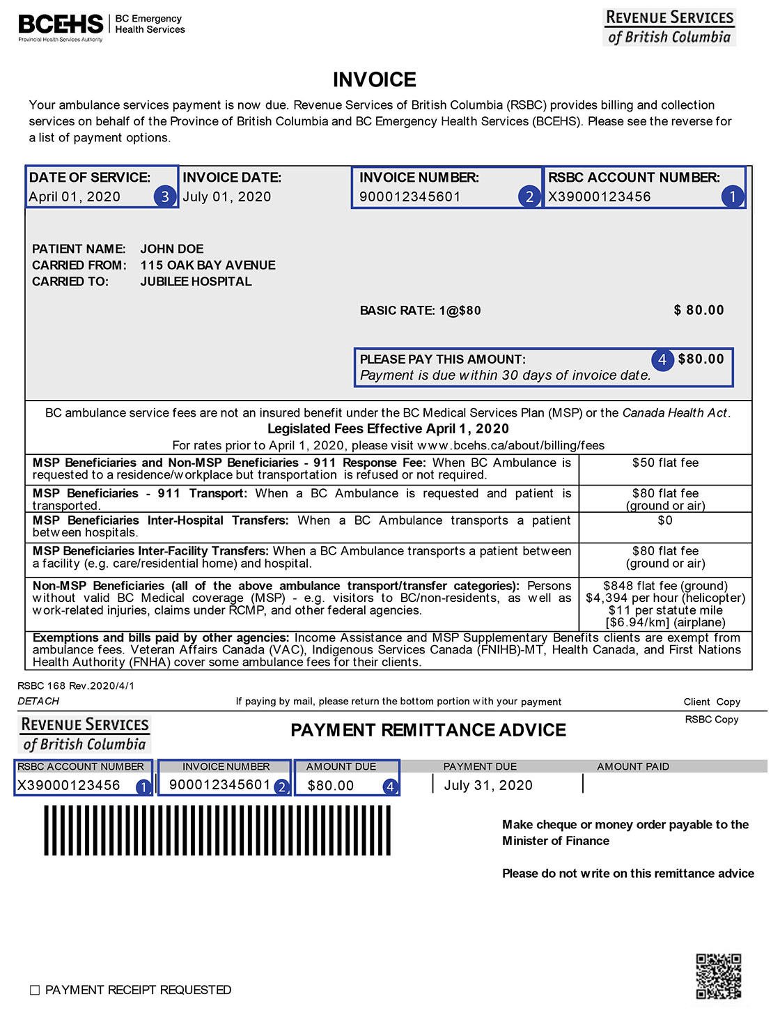 Invoice for ambulance services from BC Emergency Health Services and Revenue Services of British Columbia.