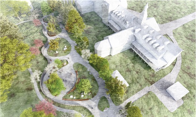 An aerial view of the park, described below