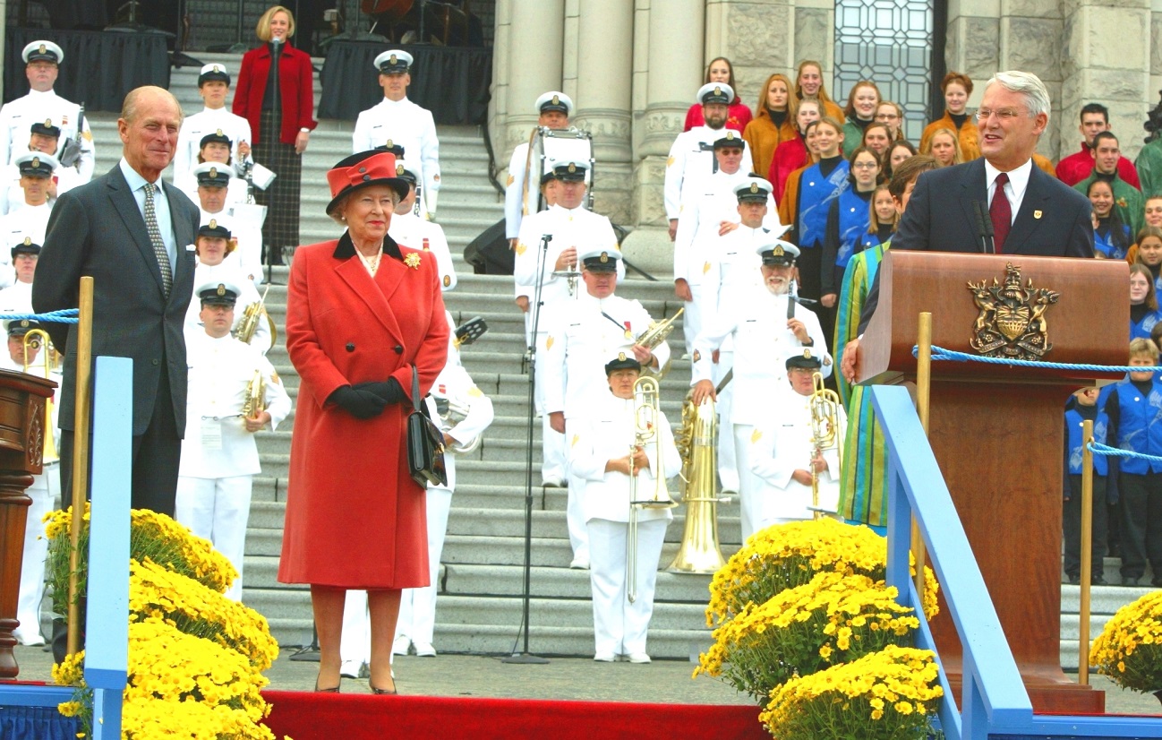 The Queen and the Duke of Edinburgh are welcomed by Premier Gordon Campbell