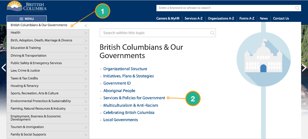 This picture explains how to find the BCEA Policy and Procedure Manual from the BC Gov Homepage