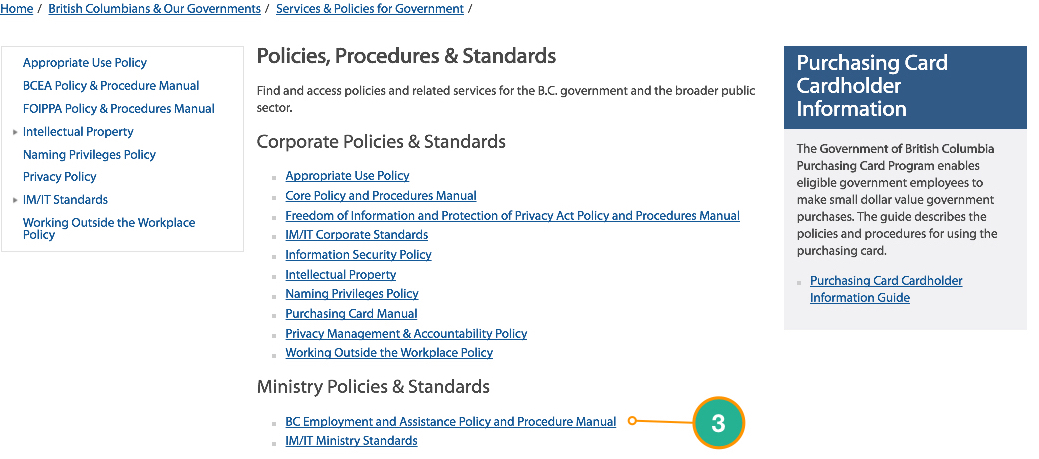 This picture explains how to find the BCEA Policy and Procedure Manual from the BC Gov Homepage