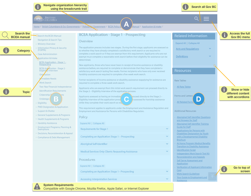 This picture explains the search and navigation layout of the BCEA site