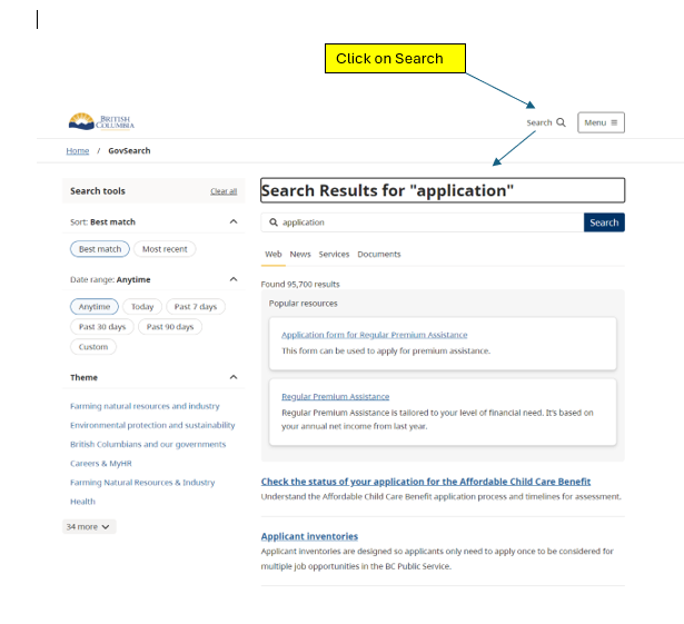 This pictures explains how to find specific information on a webpage on the BCEA site