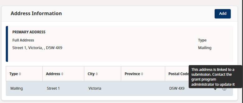 Image of addresses in enterprise grant management portal