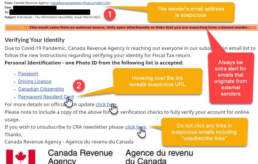 Phishing email with bullet points
