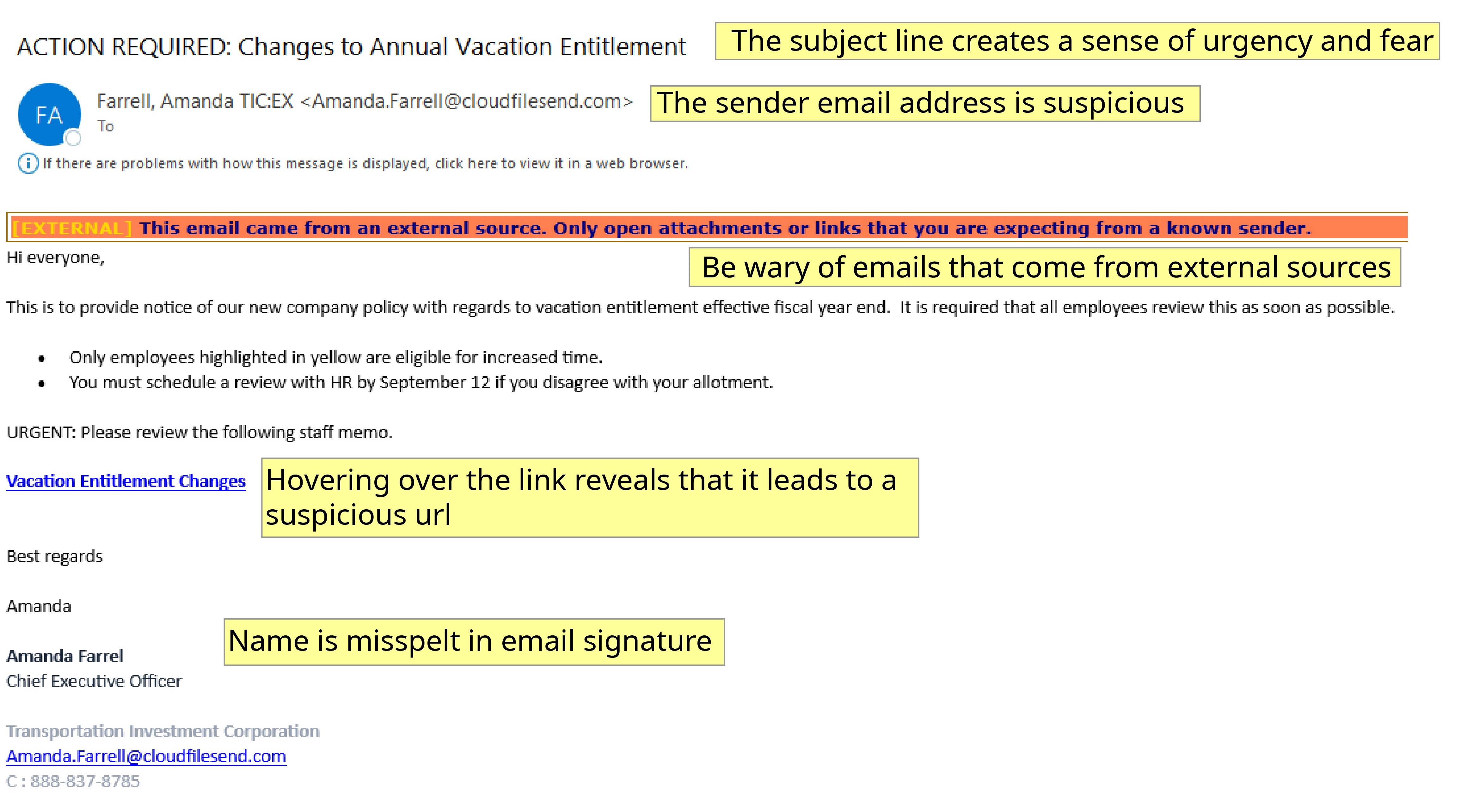 An explanation of the clues that were present in the latest phishing exercise administered by CDT