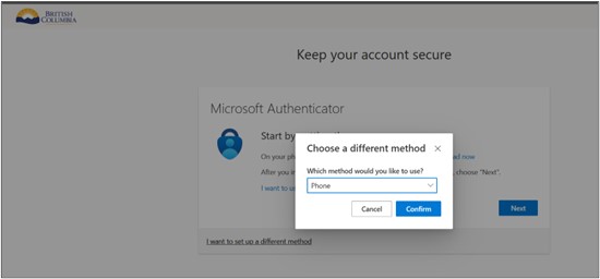 Choose phone as authentication method Choose phone as authentication method