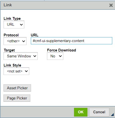 Link dialogue box showing a URL link type with "#cmf-ui-supplementary-content" as the URL.