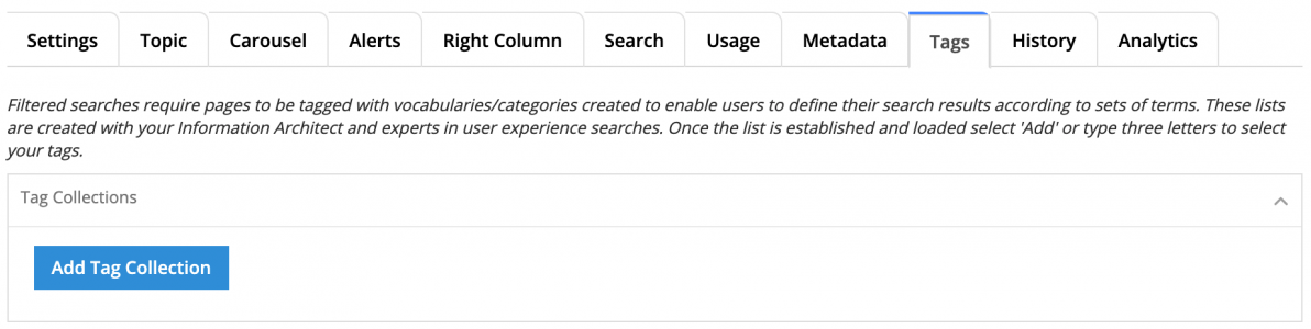 Screenshot of Tags tab before adding a Tag Collection